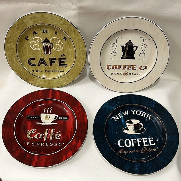 Sakura Coffee Break Plates set 4 Paris Cafe New York Caffe Expresso 8 In Round - Picture 3 of 11